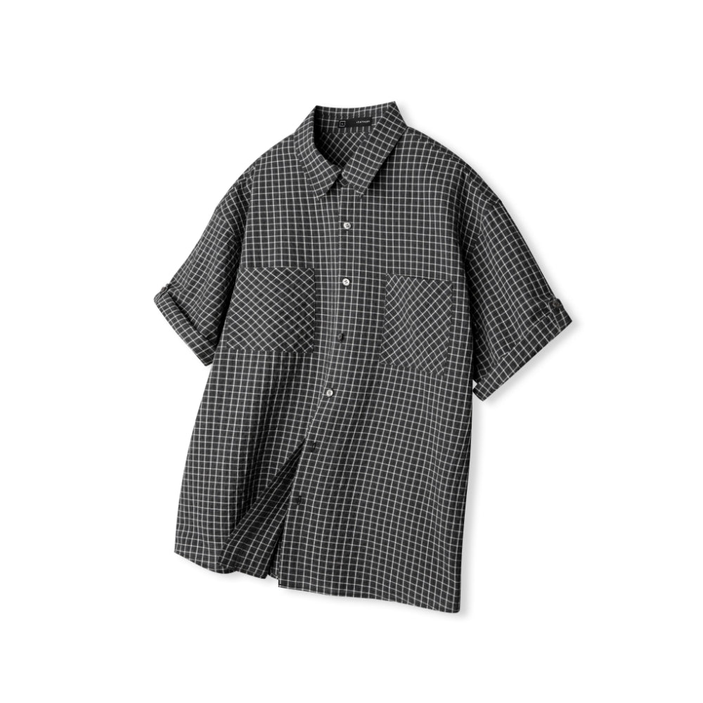 LEATHERY Two pocket check half roll-up shirt [BLACK]