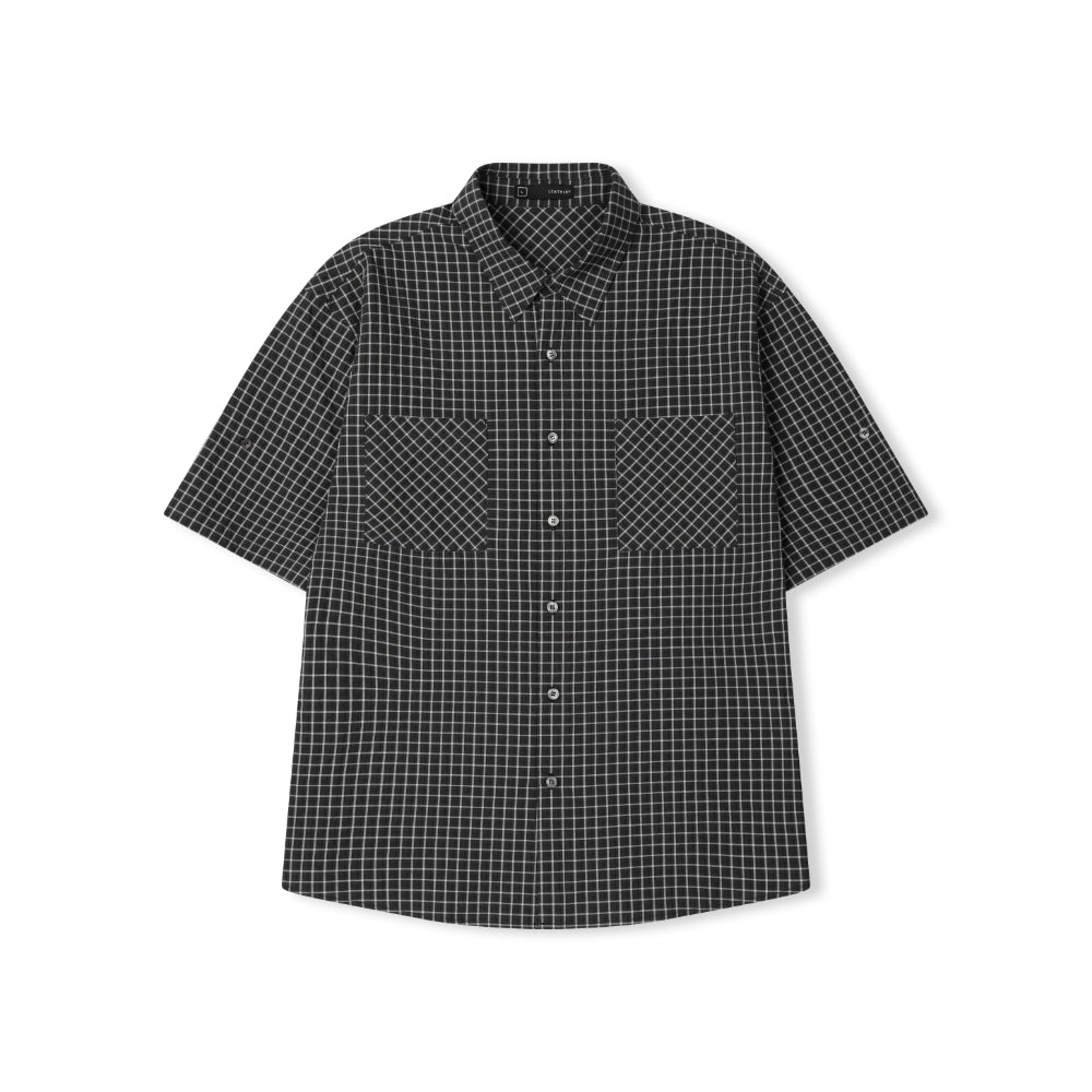 LEATHERY Two pocket check half roll-up shirt [BLACK]