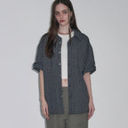 LEATHERY Two pocket check half roll-up shirt [BLACK]