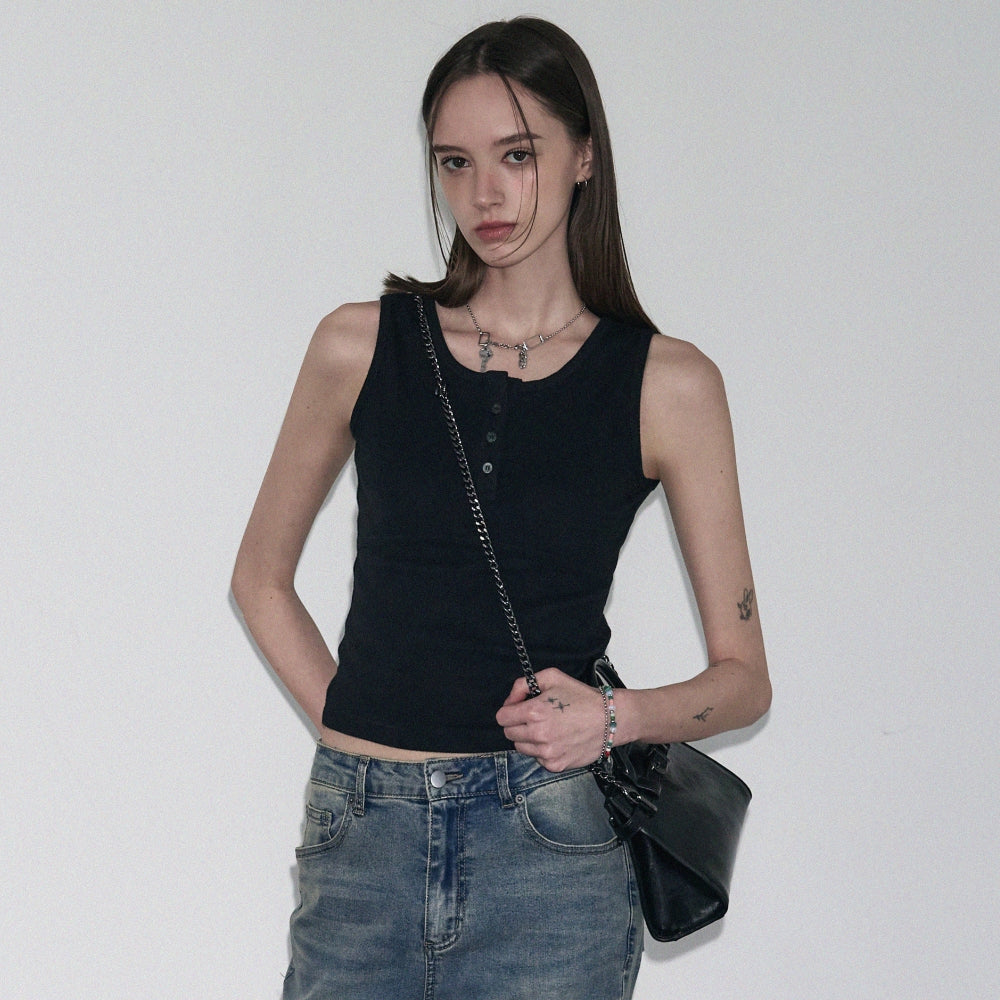 LEATHERY Ribbed henley neck sleeveless [BLACK]