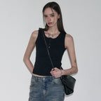 LEATHERY Ribbed henley neck sleeveless [BLACK]
