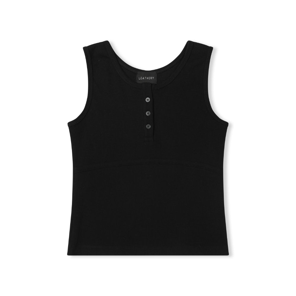 LEATHERY Ribbed henley neck sleeveless [BLACK]