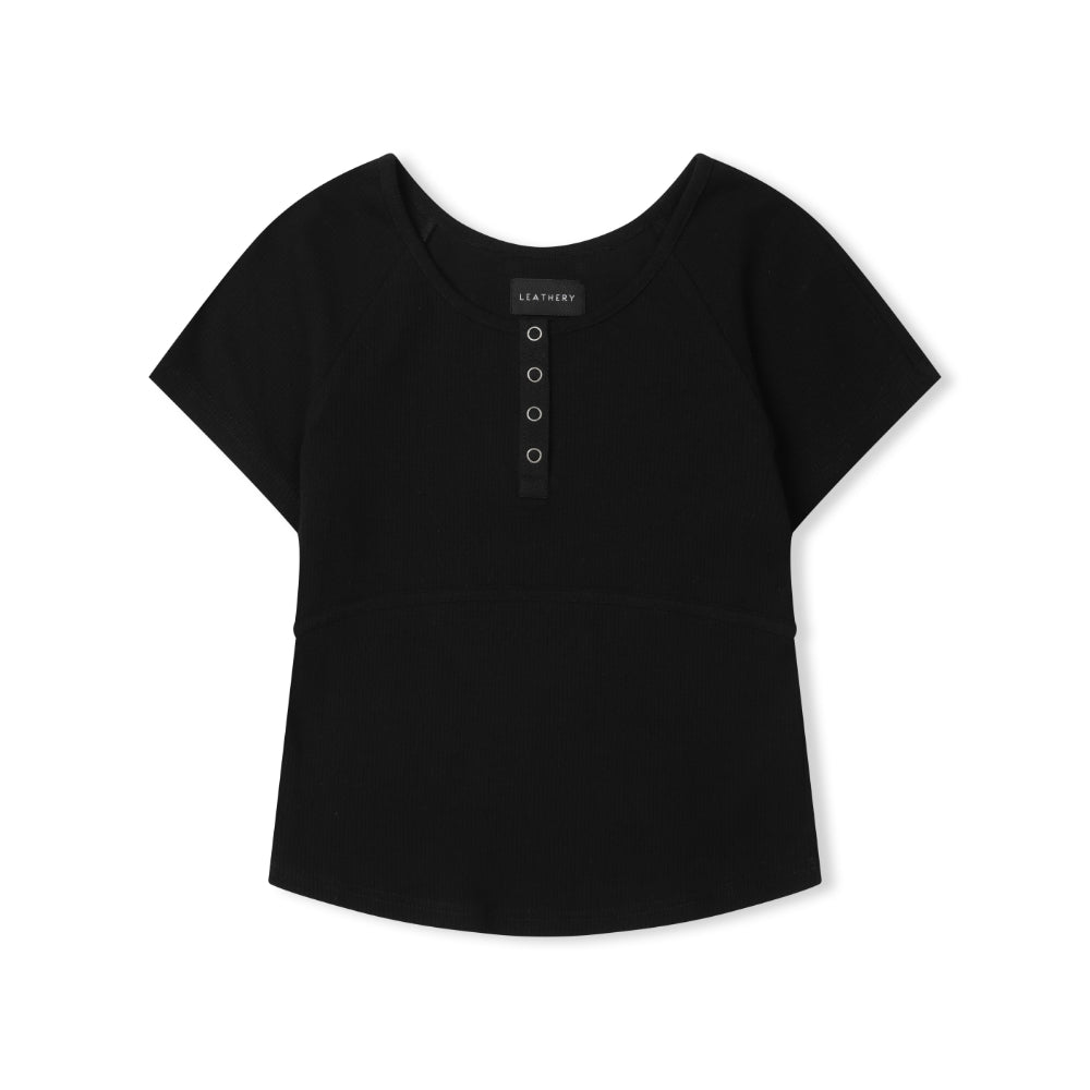 LEATHERY Ribbed henley neck short sleeve t-shirt [BLACK]