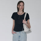 LEATHERY Ribbed henley neck short sleeve t-shirt [BLACK]