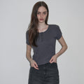LEATHERY Ribbed henley neck short sleeve t-shirt [CHARCOAL]