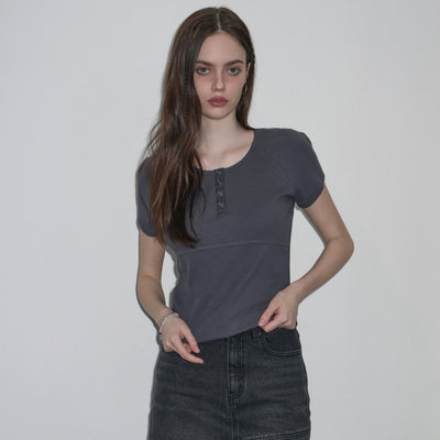 Ribbed henley neck short sleeve t-shirt [CHARCOAL]
