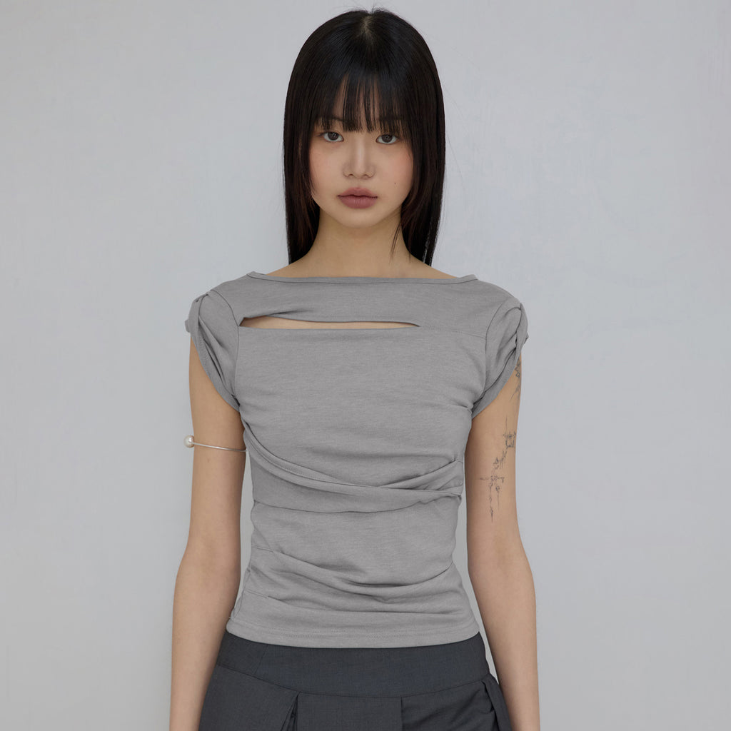 FLAREUP Asymmetrical Draped Roll-Up T-Shirt (FL-165_Gray)