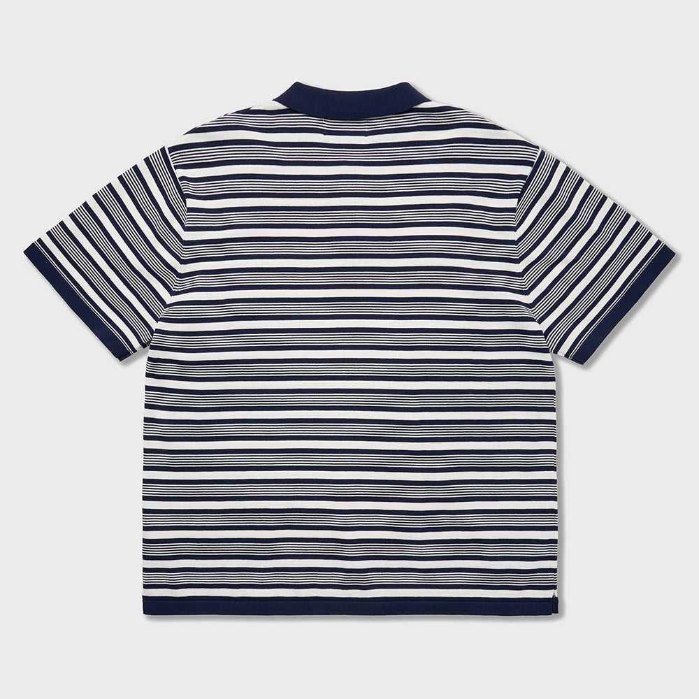 AMFEAST 70s Multi Stripe Cotton Knit Polo Shirts Navy