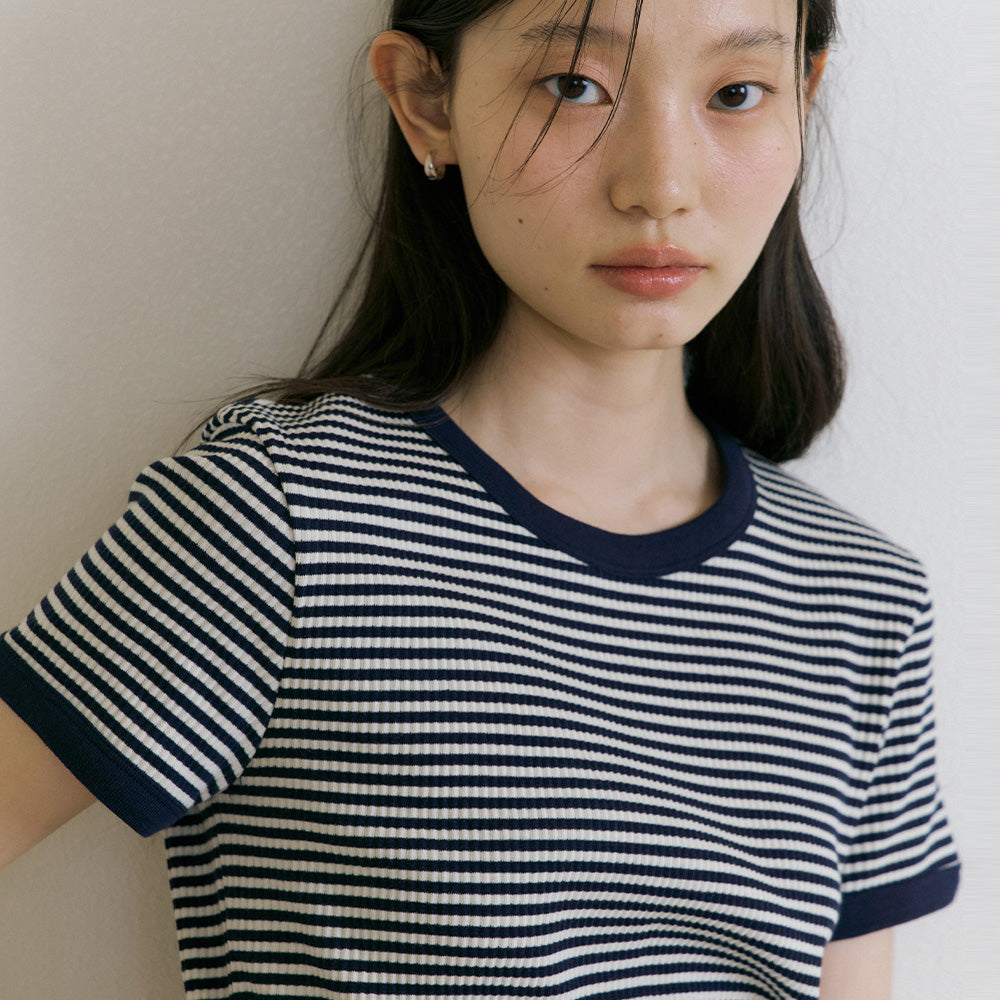 LINGSEOUL stripe linger t-shirts-ivory/navy