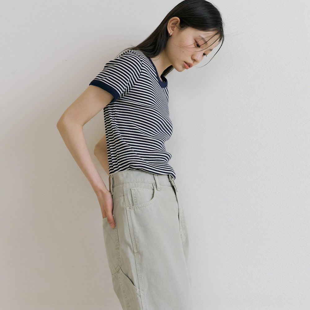 LINGSEOUL stripe linger t-shirts-ivory/navy