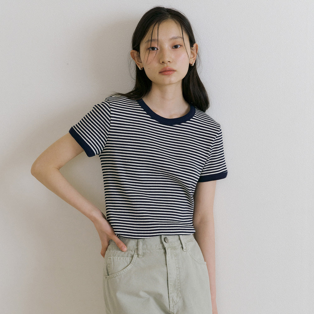 LINGSEOUL stripe linger t-shirts-ivory/navy