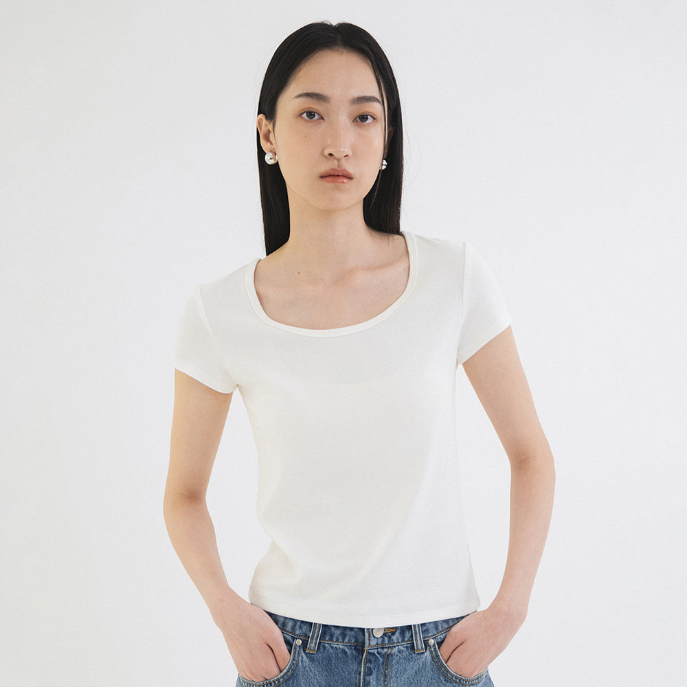 Siyazu SITP5201 Retro U-neck slim short-sleeved t-shirt_Ivory