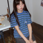 RONRON MULTI STRIPE HEART POCKET BASIC FIT T SHIRT BLUE
