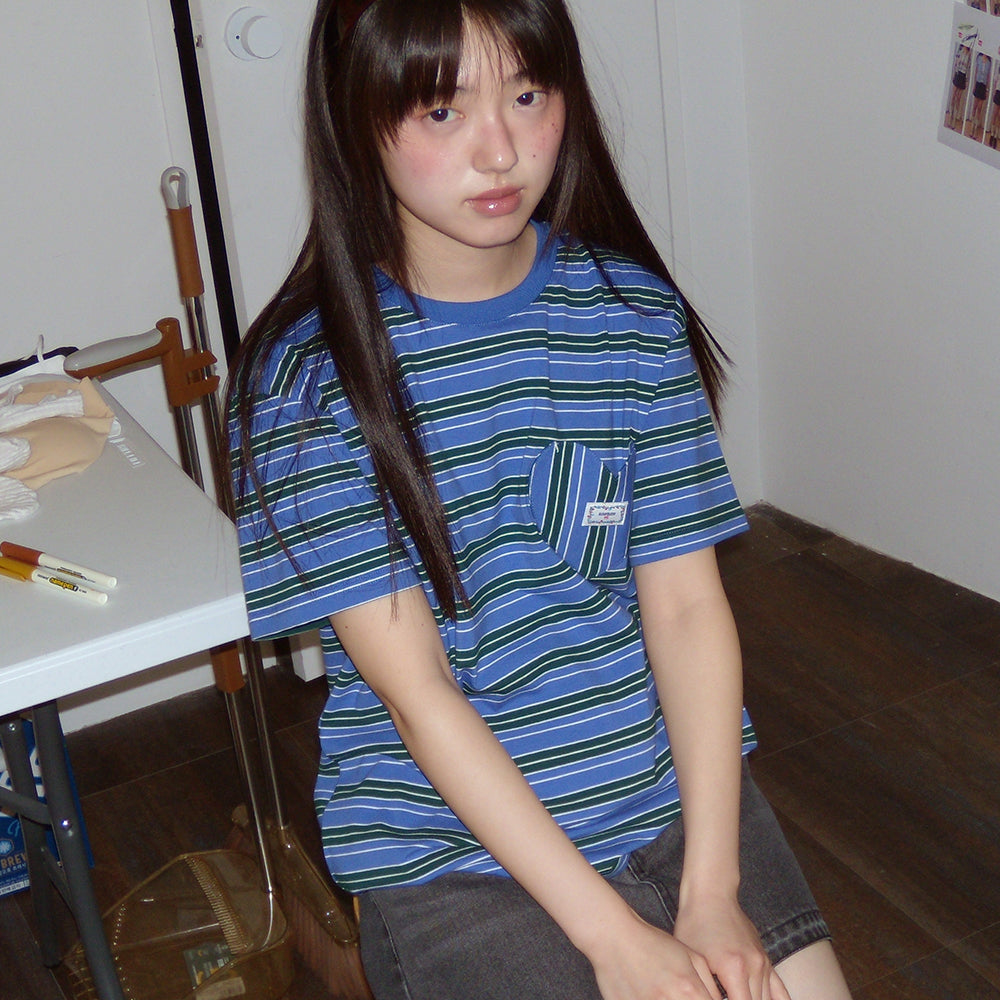 RONRON MULTI STRIPE HEART POCKET BASIC FIT T SHIRT BLUE
