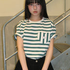RONRON MULTI STRIPE HEART POCKET BASIC FIT T SHIRT DEEP GREEN