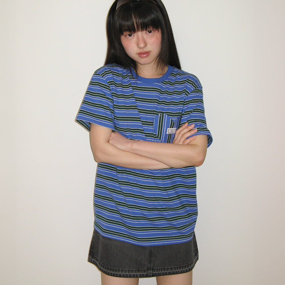 RONRON MULTI STRIPE HEART POCKET BASIC FIT T SHIRT BLUE