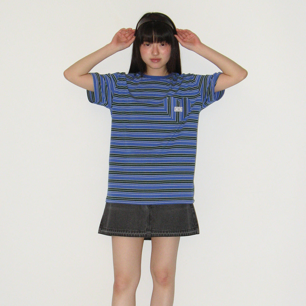 RONRON MULTI STRIPE HEART POCKET BASIC FIT T SHIRT BLUE
