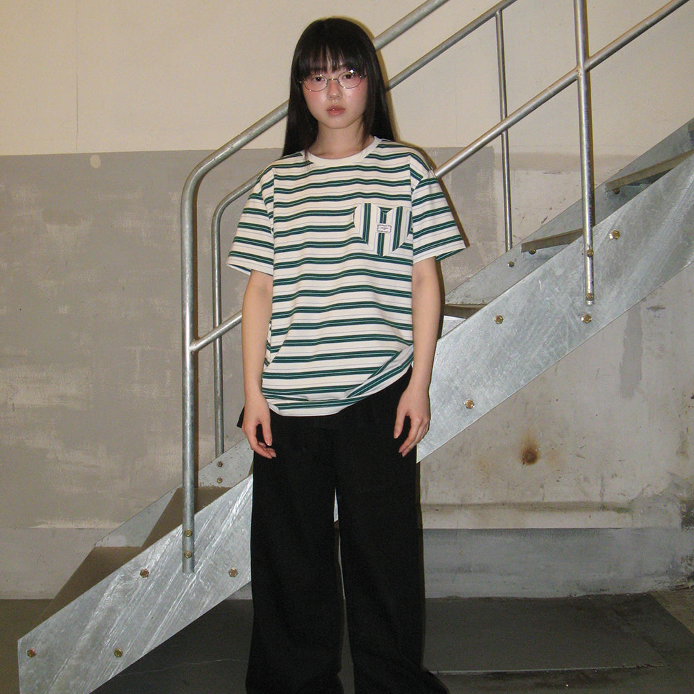 RONRON MULTI STRIPE HEART POCKET BASIC FIT T SHIRT DEEP GREEN