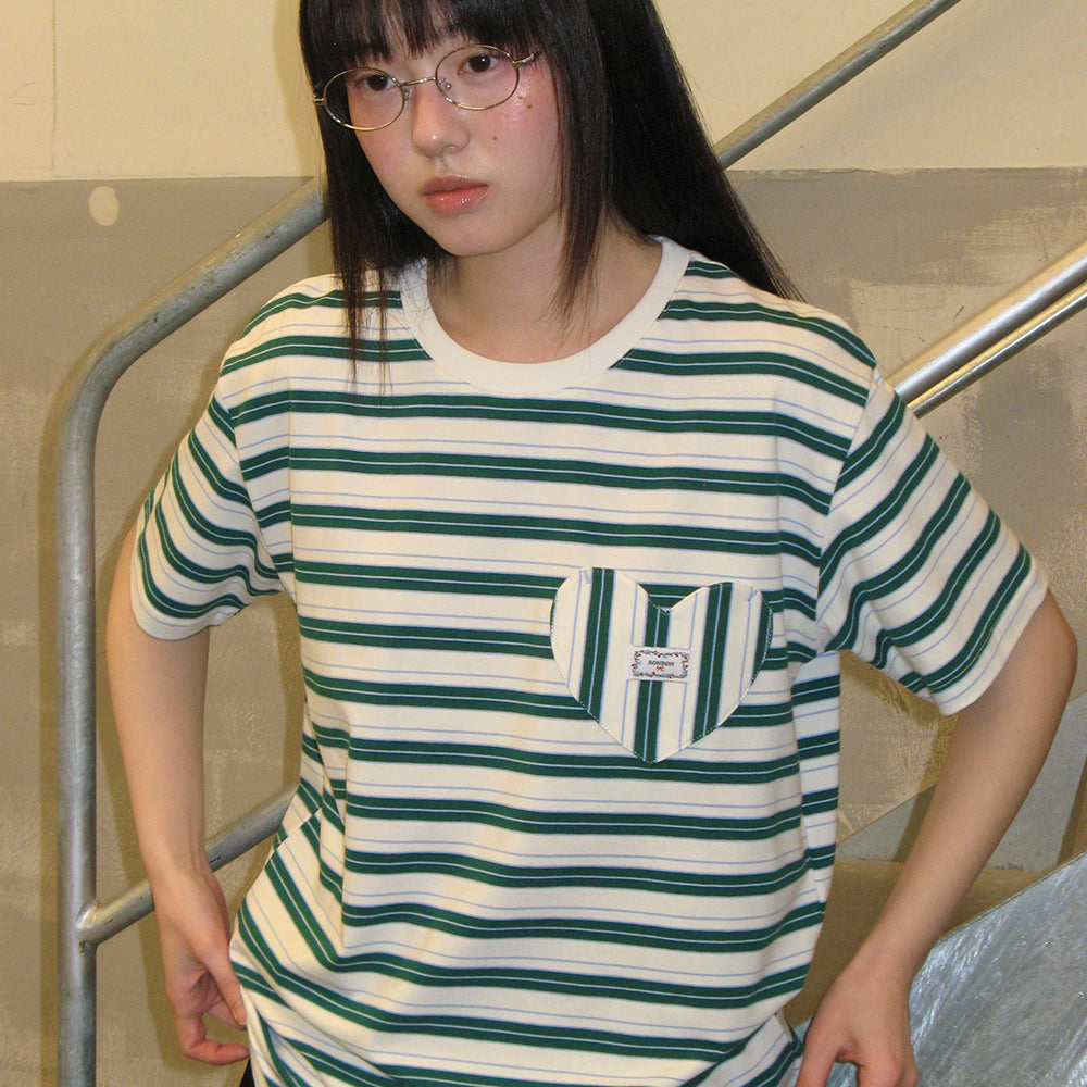 RONRON MULTI STRIPE HEART POCKET BASIC FIT T SHIRT DEEP GREEN