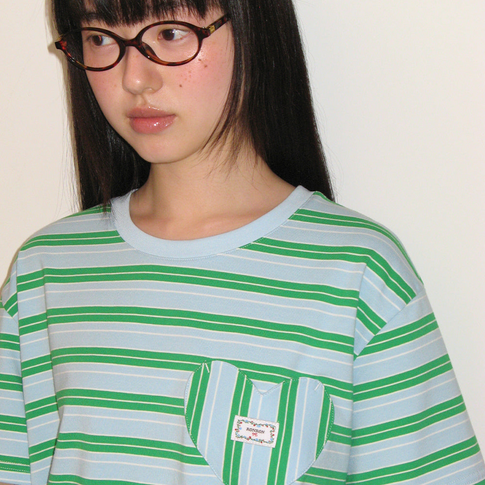 RONRON MULTI STRIPE HEART POCKET BASIC FIT T SHIRT SKY BLUE