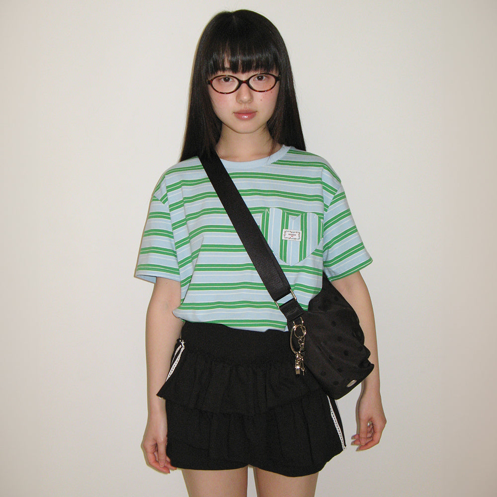 RONRON MULTI STRIPE HEART POCKET BASIC FIT T SHIRT SKY BLUE