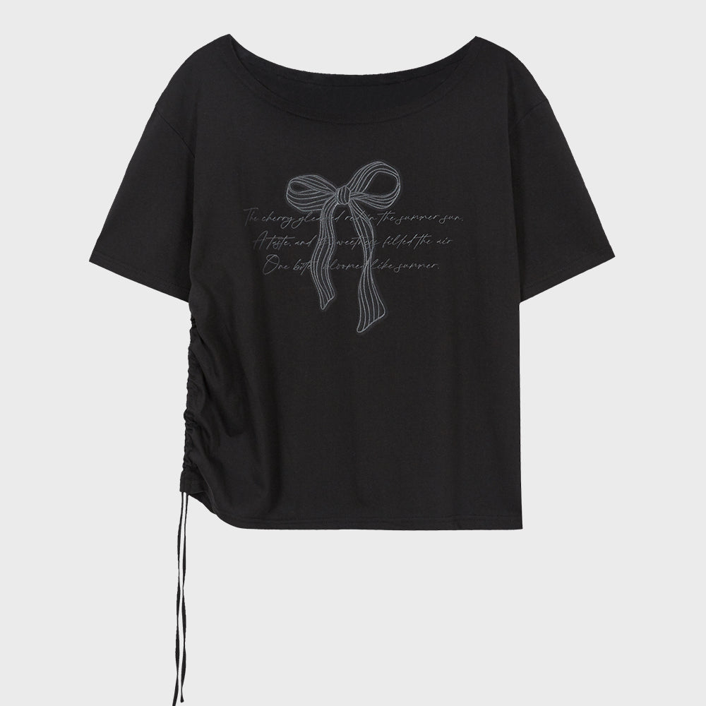 ILLIGO Ribbon shirring off-shoulder t-shirt - 3COLOR