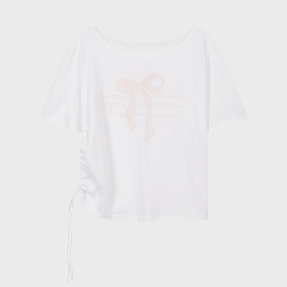ILLIGO Ribbon shirring off-shoulder t-shirt - 3COLOR