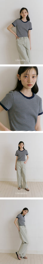 LINGSEOUL stripe linger t-shirts-ivory/navy