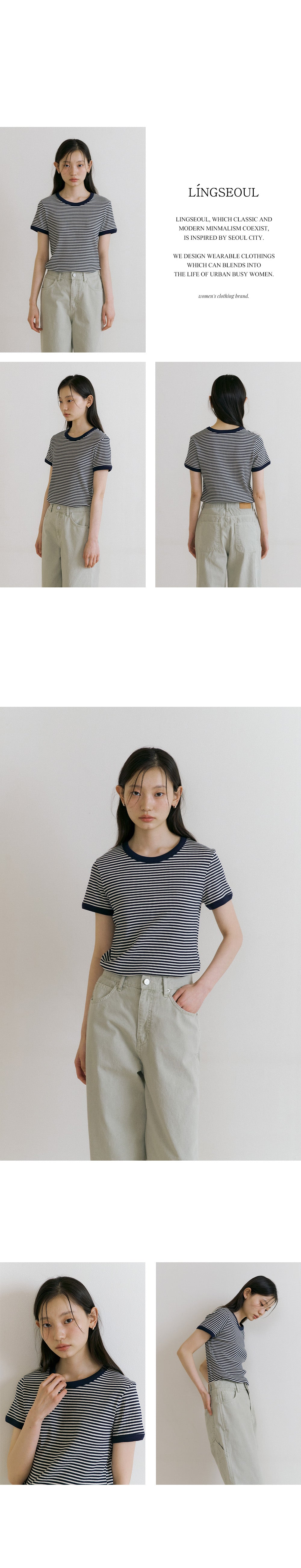 LINGSEOUL stripe linger t-shirts-ivory/navy