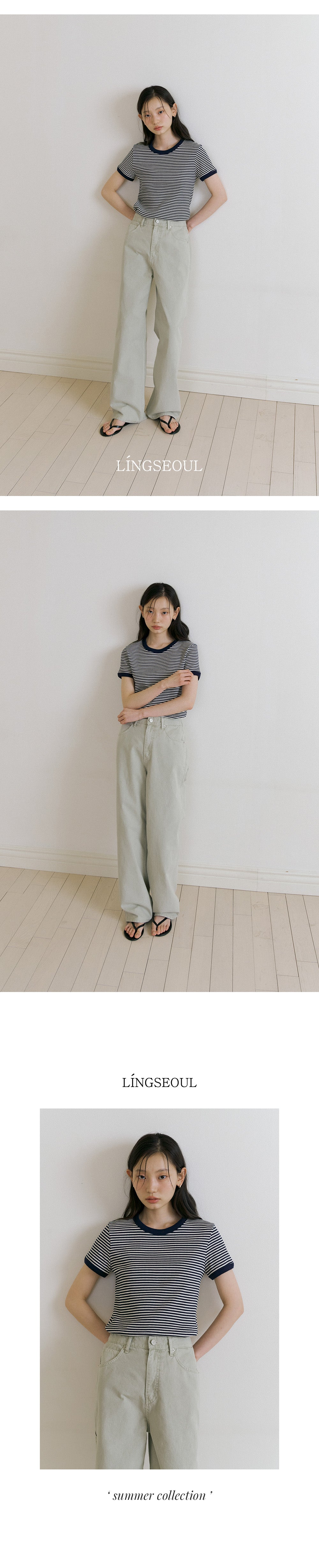 LINGSEOUL stripe linger t-shirts-ivory/navy