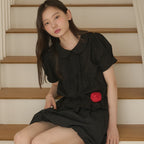 OPENING SUNSHINE Flower embroidery round collar puff blouse_Black