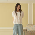 OPENING SUNSHINE Flower embroidery round collar puff blouse_White
