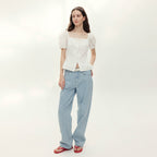 AND YOU Kissimmee shirring volume blouse (Ivory/Light blue)