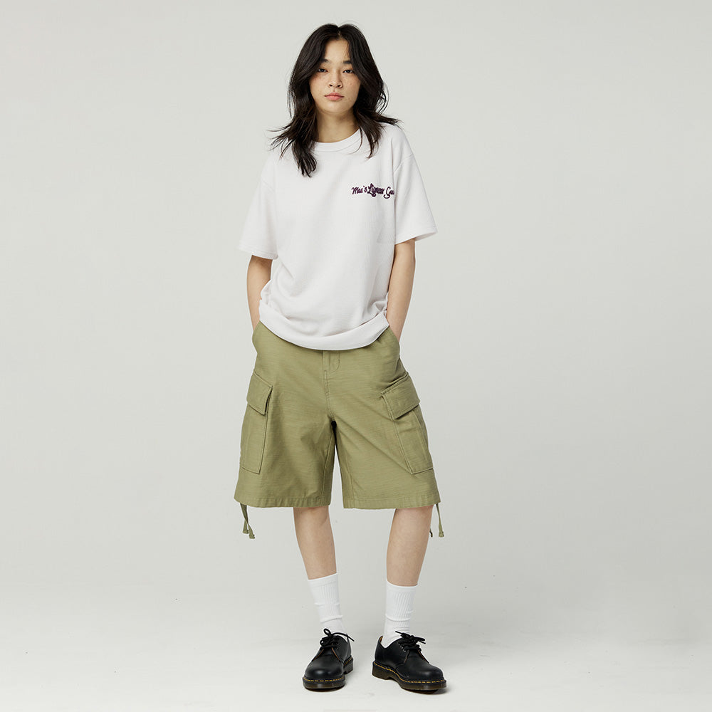 MAGOODGAN Swagber 3585 Waffle chain embroidery semi-overfit dirty white short-sleeved t-shirt