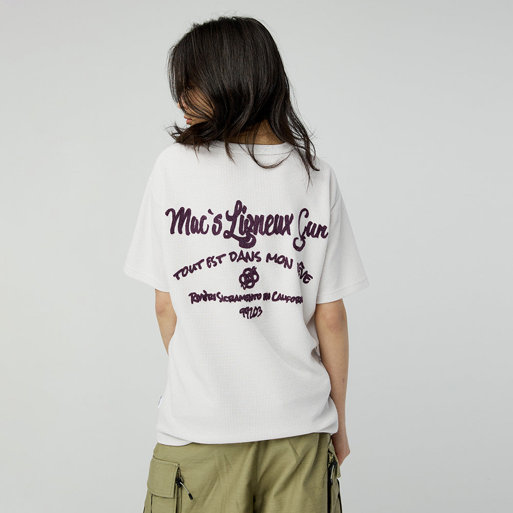MAGOODGAN Swagber 3585 Waffle chain embroidery semi-overfit dirty white short-sleeved t-shirt