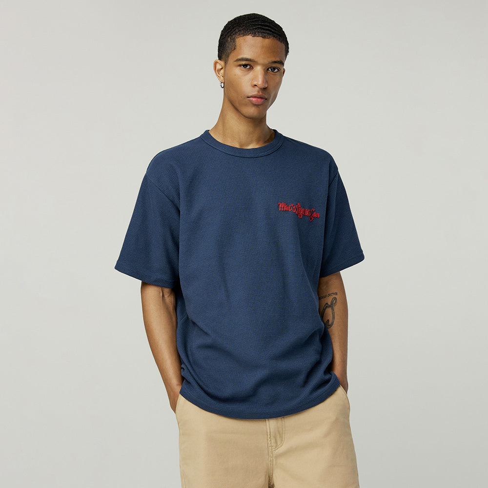 MAGOODGAN Swagber 3585 Waffle chain embroidery semi-overfit dirty white short-sleeved t-shirt