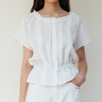 NCSSRY Pure Linen Tuck Half Blouse (White)