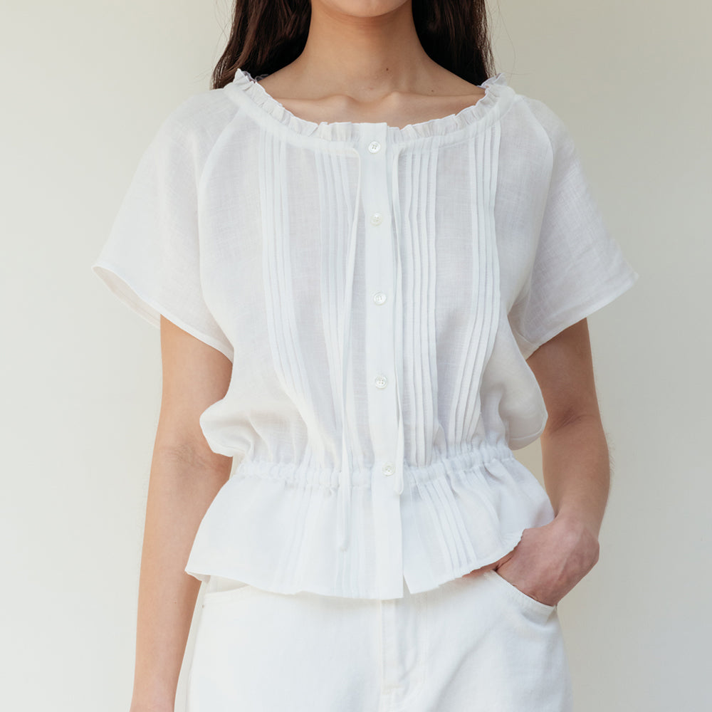NCSSRY Pure Linen Tuck Half Blouse (White)