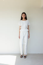 NCSSRY Pure Linen Tuck Half Blouse (White)