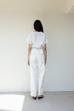 NCSSRY Pure Linen Tuck Half Blouse (White)