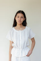 NCSSRY Pure Linen Tuck Half Blouse (White)