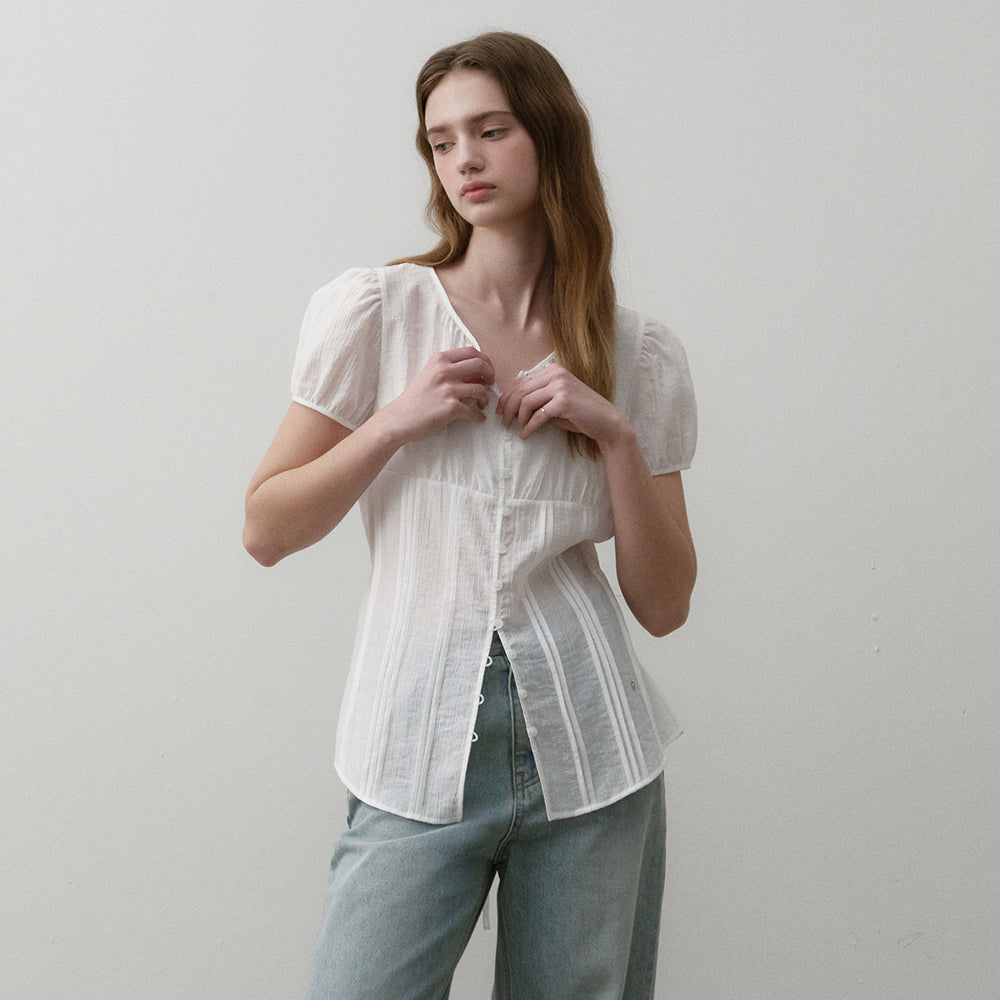 OSTKAKA [1st reorder] Shirring volume crinkle blouse ivory