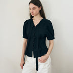 DRAWFIT WOMEN Chin puff short sleeve tie blouse [BLACK]