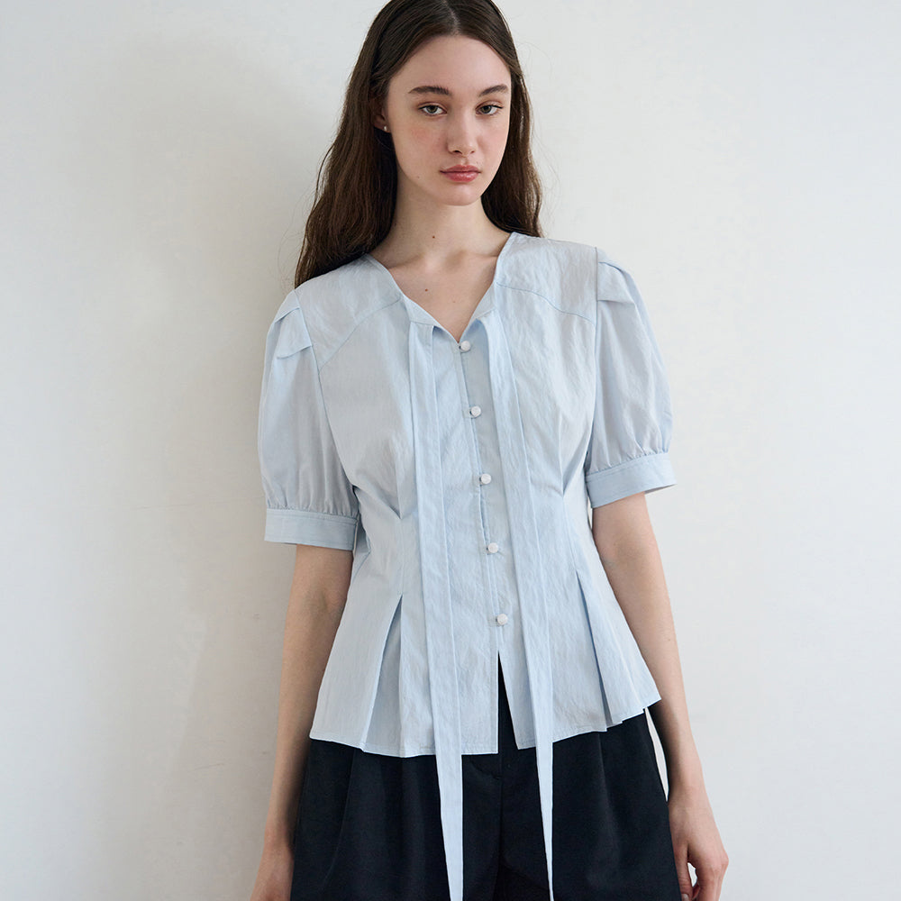 DRAWFIT WOMEN Chin puff short sleeve tie blouse [BLACK]