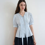 DRAWFIT WOMEN Chin puff short sleeve tie blouse [IVORY]