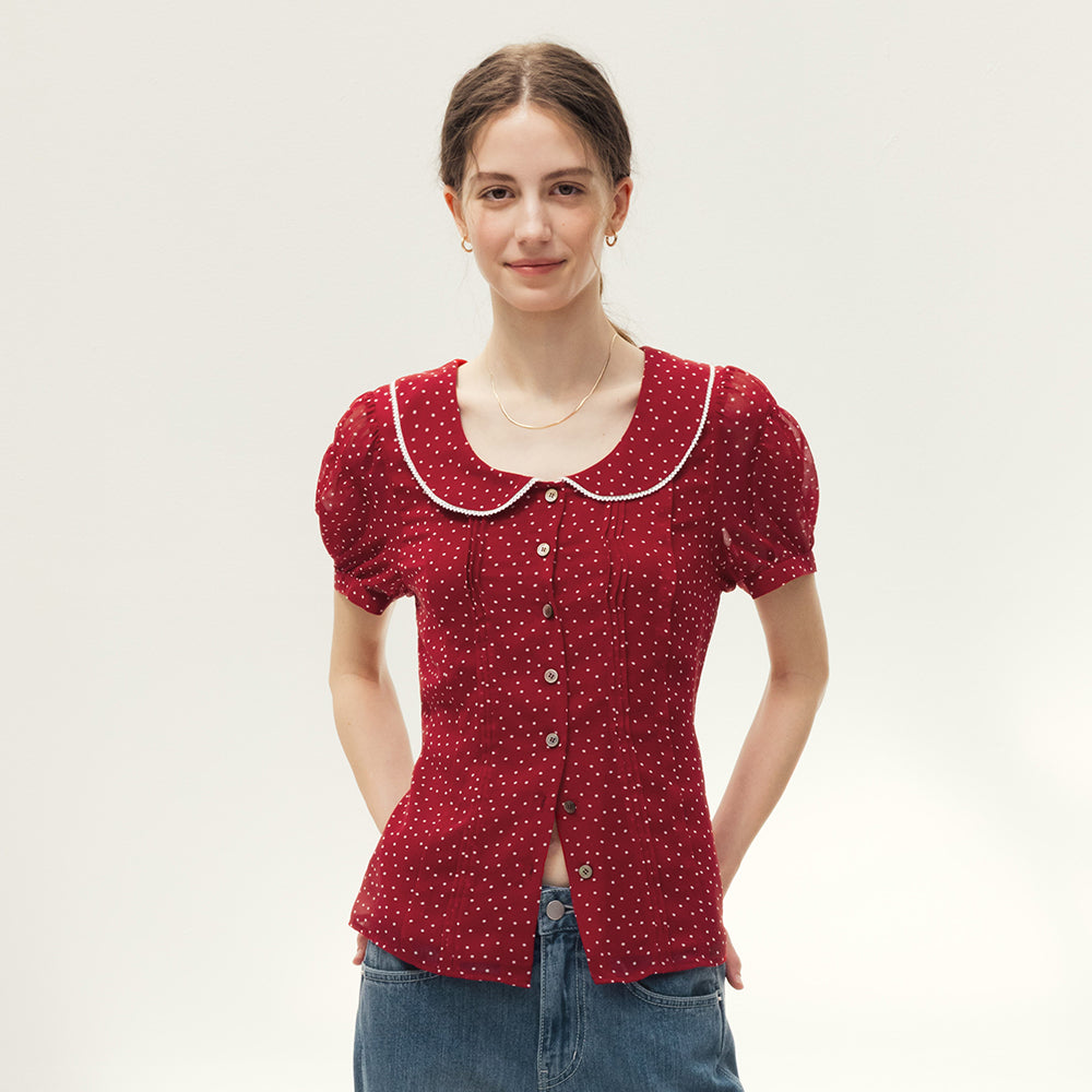 AND YOU Panama Peter Pan Collar Pin Tuck Blouse (Red dot/Navy dot)