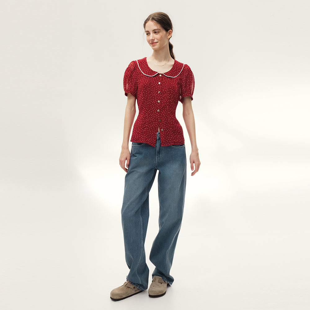 AND YOU Panama Peter Pan Collar Pin Tuck Blouse (Red dot/Navy dot)