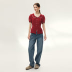 AND YOU Panama Peter Pan Collar Pin Tuck Blouse (Red dot/Navy dot)