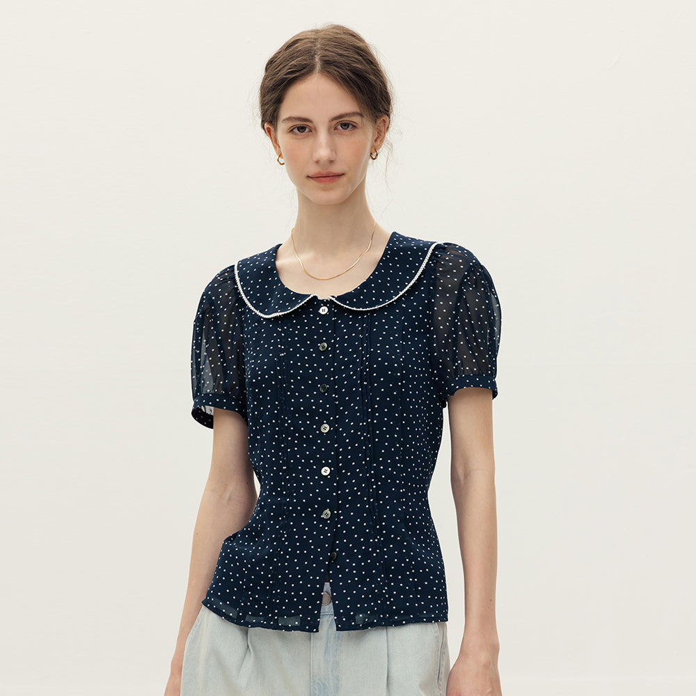 AND YOU Panama Peter Pan Collar Pin Tuck Blouse (Red dot/Navy dot)
