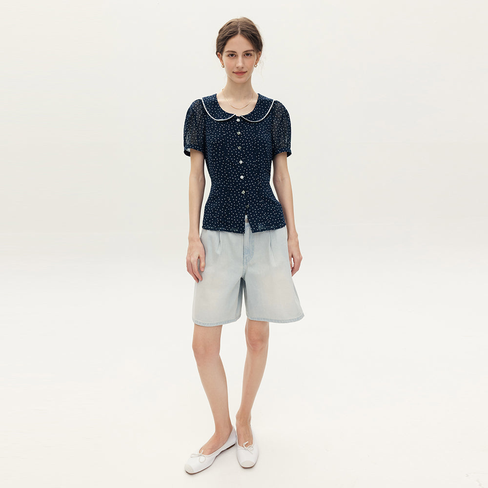 AND YOU Panama Peter Pan Collar Pin Tuck Blouse (Red dot/Navy dot)